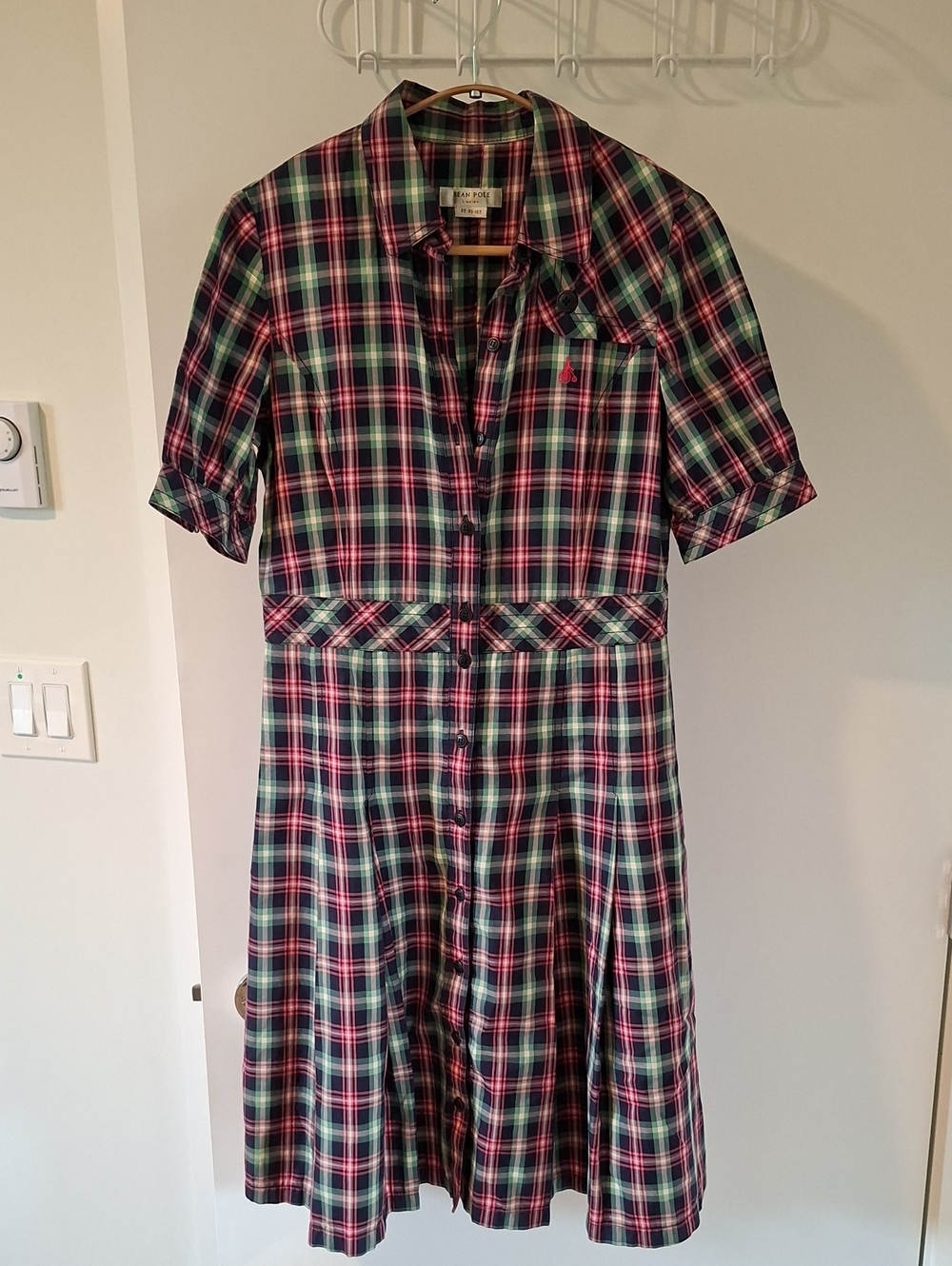 Bean Pole Korean Navy, Green & Pink Plaid Puff-sleeve Pleated Dress (Size S)
